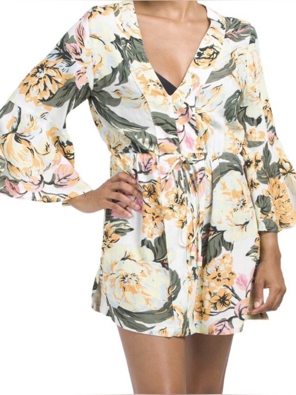 Maaji M Kraftan white floral deep V neck bell sleeve swimsuit coverup beach boho